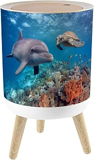 Small Trash Can with Lid Dolphin Turtle Underwater 1.8 Gallon/7L Garbage Can Waste Bin with Press Top Lid Legs Waste Basket for Bathroom Kitchen Bedroom