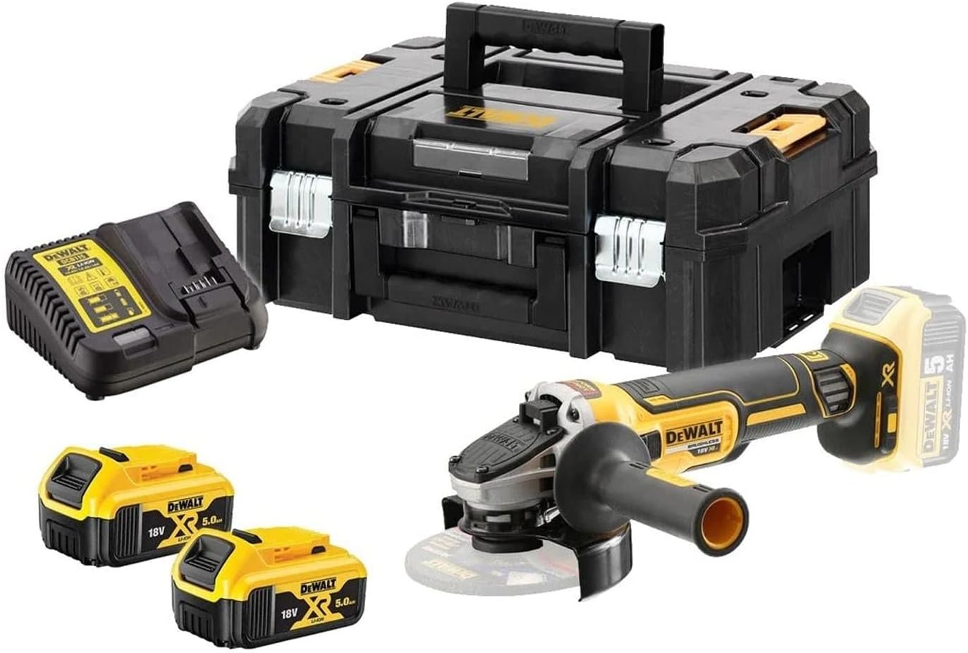 Dewalt 18 Volt 125 mm Cordless Angle Grinder DCG405P2 (800 Watt, Brushless Motor, Epoxy Resin Armoured Windings, Electronic Clutch and Brake, Includes 2 x 5.0Ah Batteries and Charger)
