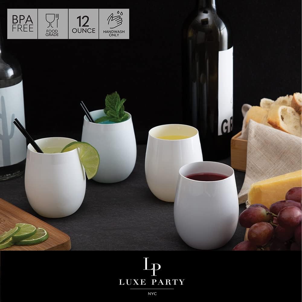 LUXE PARTY 36 Stemless Wine Glass, 12oz White Plastic Disposable Cups for Parties, Tumblers