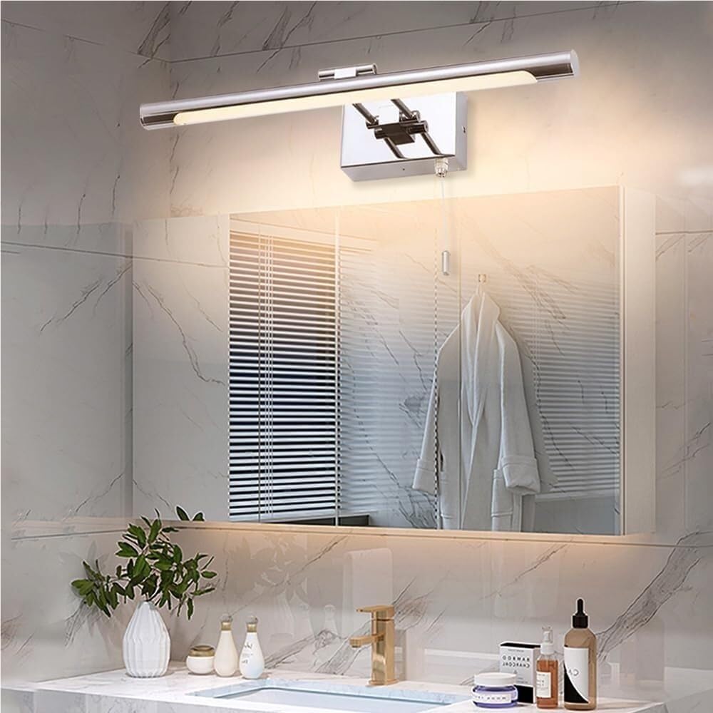 Aplique Espejo Baño Barra de luz de tocador cromada moderna, lámpara LED lineal for espejo de baño, luces delanteras de espejo de ángulo ajustable con interruptor de cadena de tracción(3000K,35cm)