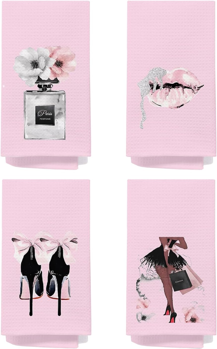 Pink and Black Bathroom Decor, Women Fashion Pink Hand Towels for Bathroom Set of 4, Girly Bathroom Decor, Womens Bathroom Decor, Black and Pink Bathroom Accessories, 16x24 Inches(Pink)