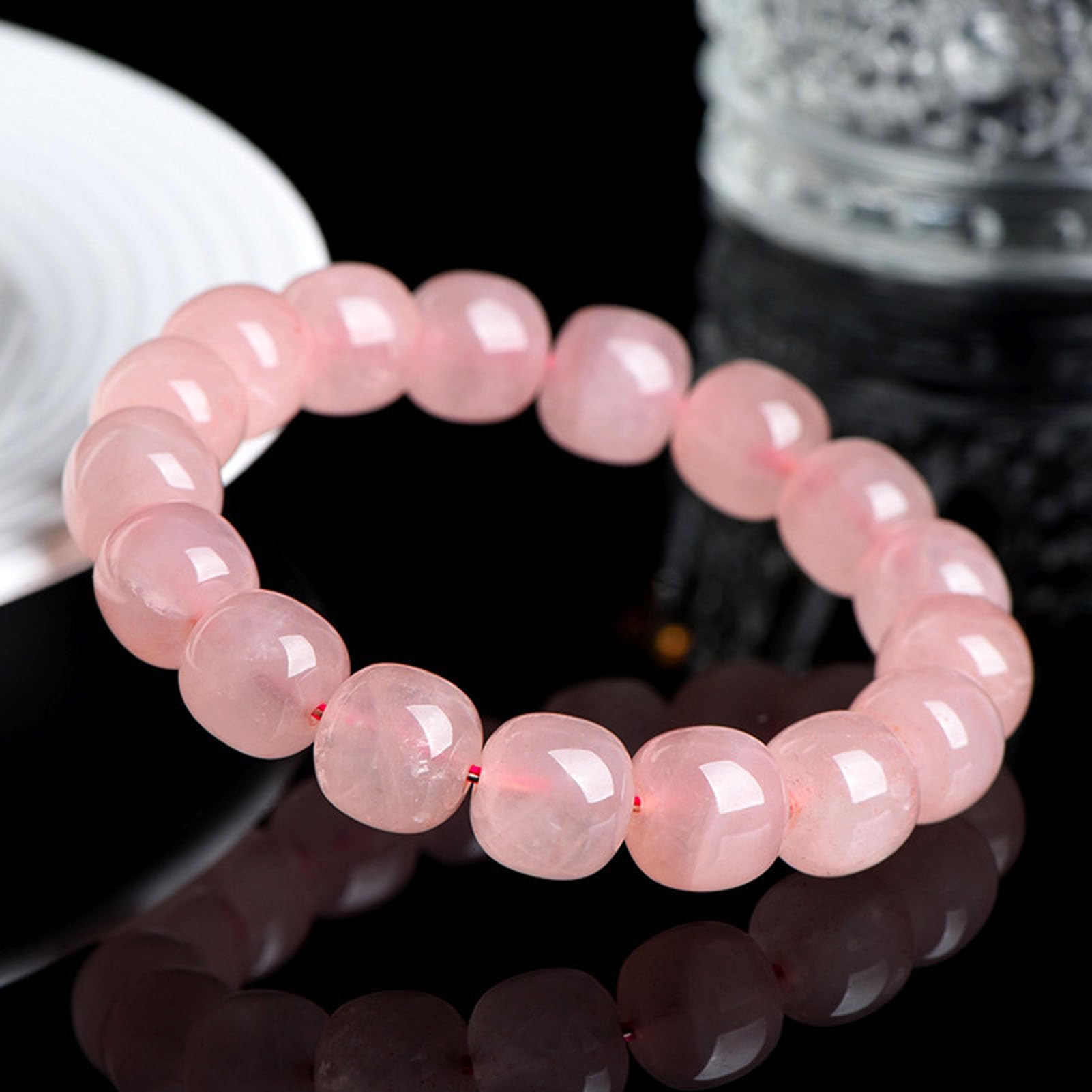 Braccialetti Naturali Bracciale in Quarzo Rosa, Bracciale Elastico Fatto a Mano con Pietre preziose Rosa Naturali per l'energia positiva dell'amore, Meditazione Yoga Unisex,10 * 12mm