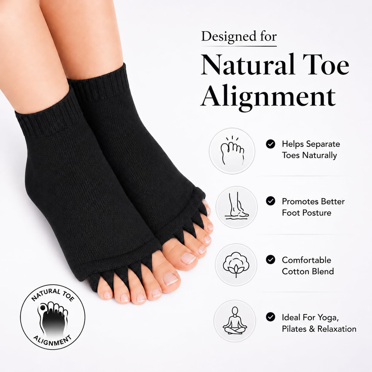 Soxbae Foot Alignment Orthopedic Cotton Socks for Men & Women | Five Toe Separator | Foot Pain Relief | Bunion Corrector | Plantar Fasciitis Support | Improves Posture & Flexibility | Free Size | Black | 1 Pair