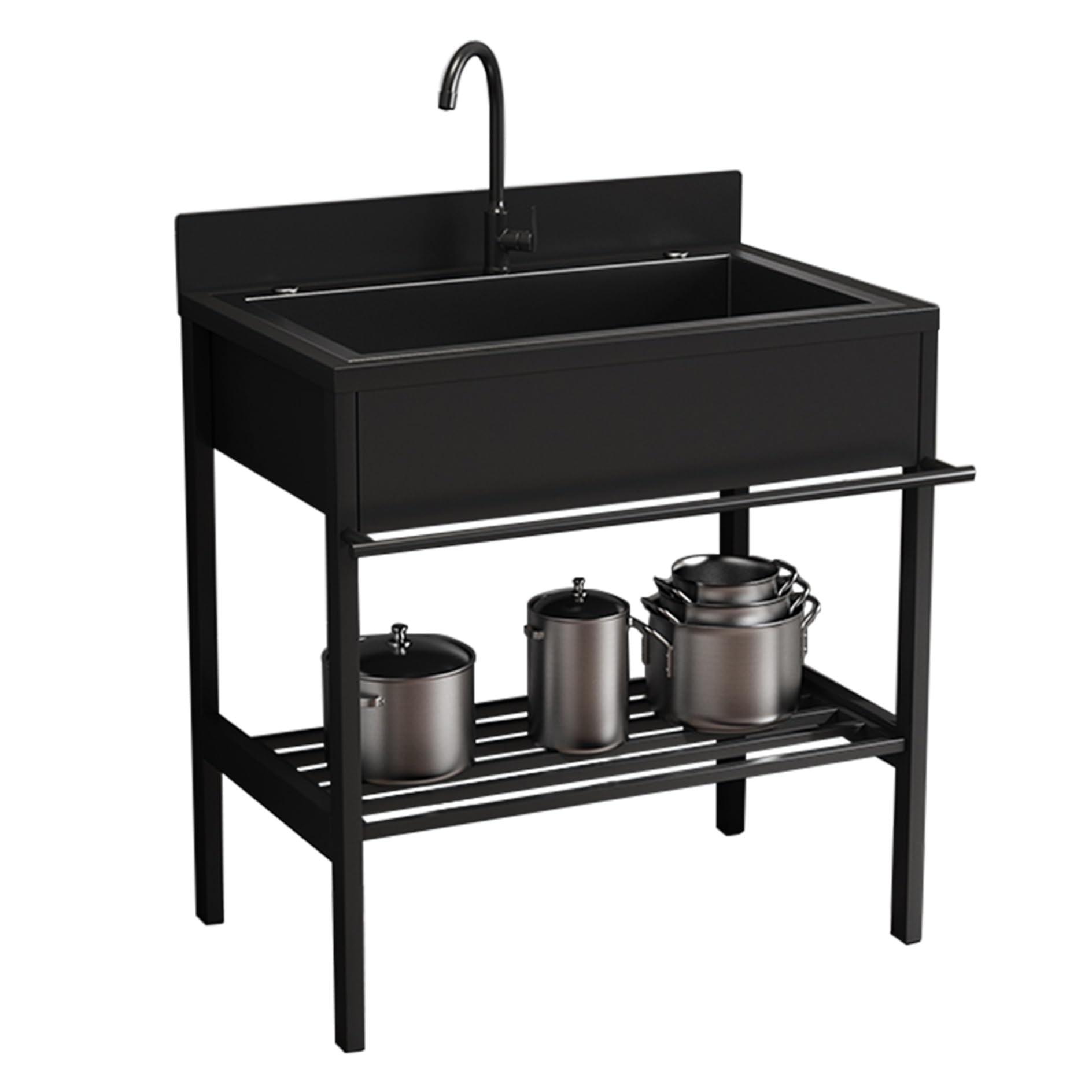 Fregadero Exterior Jardin, Mueble pila Lavadero, Fregaderos de Cocina 1 Senos de Acero Inoxidable, Fregadero Negro con Grifo y Escurridor, Limpieza Fácil, para Baño, Restaurante, Lavandería(86x51x94cm