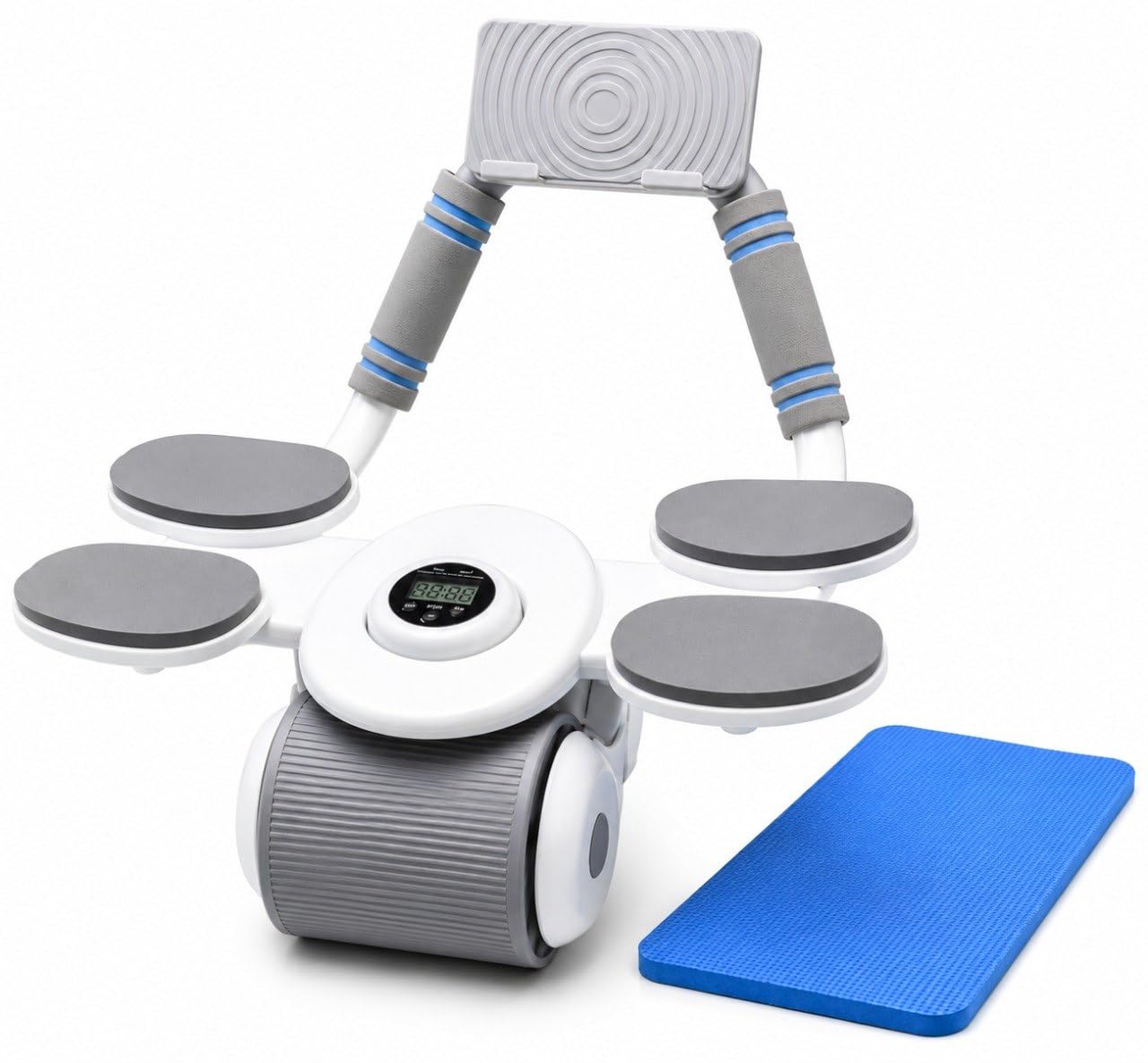 whipbird automatic rebound abs roller wheel with 4 elbow support pads, lcd counter, mobile phone holder & knee mat for core strength, abs, arms and full body workout