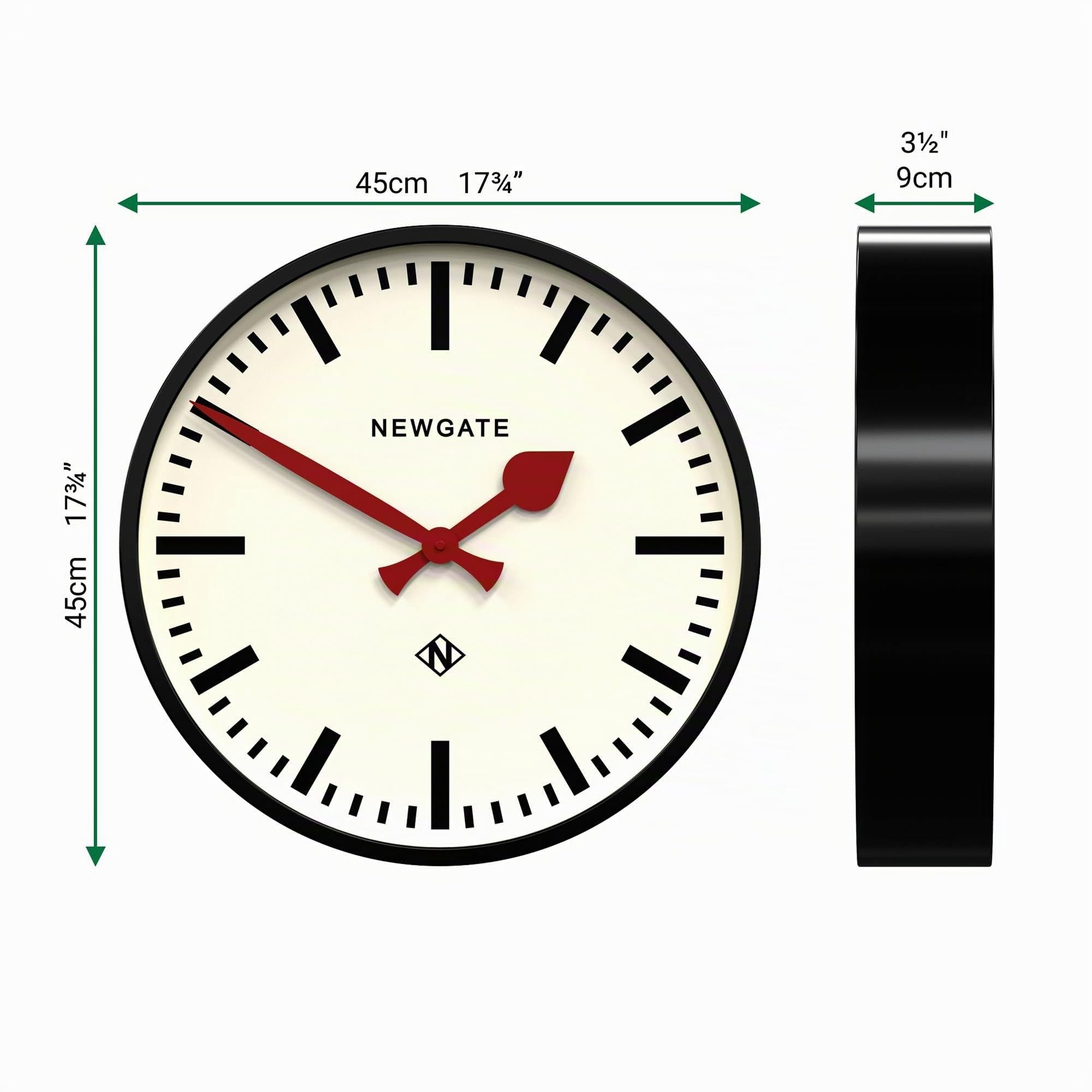 NEWGATE® Putney Wanduhr | Große, Retro-inspirierte Moderne stationsuhr | 45cm | Tiefglänzendes schwarzes metallgehäuse mit roten händen | Industriell mid-Century-Stil für küche, Wohnzimmer oder büro