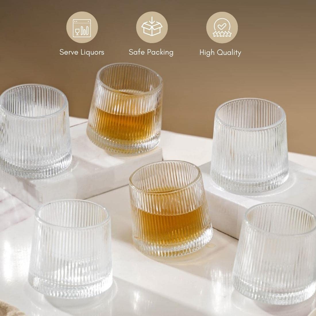 Nestasia Rotating Whiskey Glasses Set of 6 (150ml Each) - Ribbed Microwave & Dishwasher Safe Glasses with Rotating Base - Perfect for Whiskey, Scotch, Bourbon, Brandy, Cognac 2