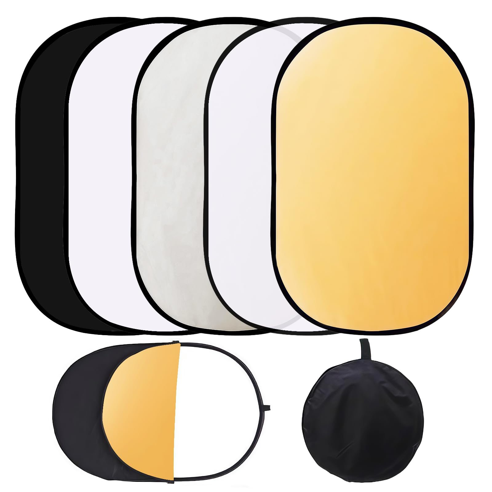 5 In 1 Pannello Riflettente Fotografico, Riflettore Fotografico 60cm X 90cm,Rifletto Di Luce per Fotografia Ovale Pieghevole, Riflettore di Luce Diffusore di Luce Trasparente/Argento/Oro/Bianco/Nero
