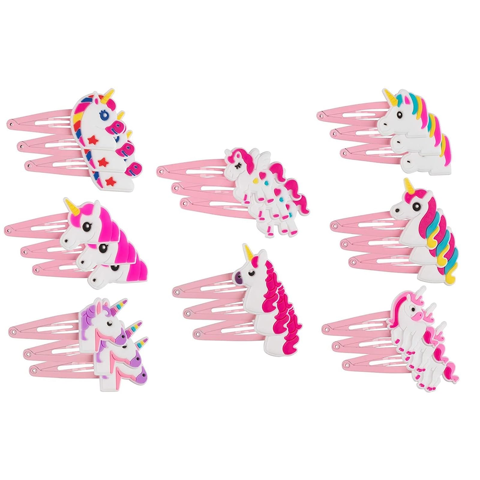 Rainbow Unicorn Hair Clips - 24-Pack Anti-Slip Snap Hairclips for Girls, Assorted Pink Unicorn-Themed Barrette Hair Pins, Ideal for Birthday Party Supplies Favors, Game Prizes