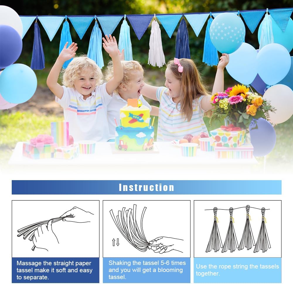 Rainbow Tissue Paper Tassel Garland Pre-Assembled 10 Colors Paper Tassel Colorful Paper Tassel Garland Table Decor for Christmas Birthday Wedding Bridal Shower Party (Gradural Blue 10 PCS)
