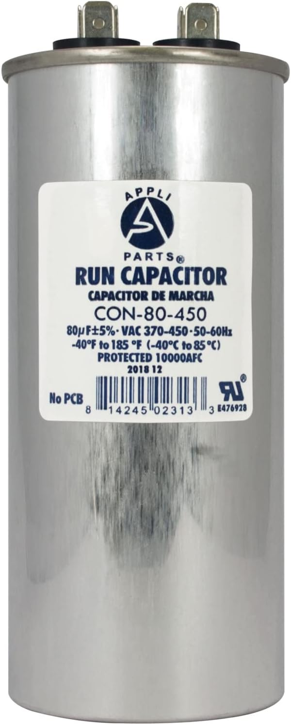 Appli Parts Run Capacitor for ac 80 Mfd uF (microfarads) 370 VAC or 450 VAC CBB65 Round Universal fit for HVAC and Other Applications 5-1/4 in High 2 in Wide CON-80-450