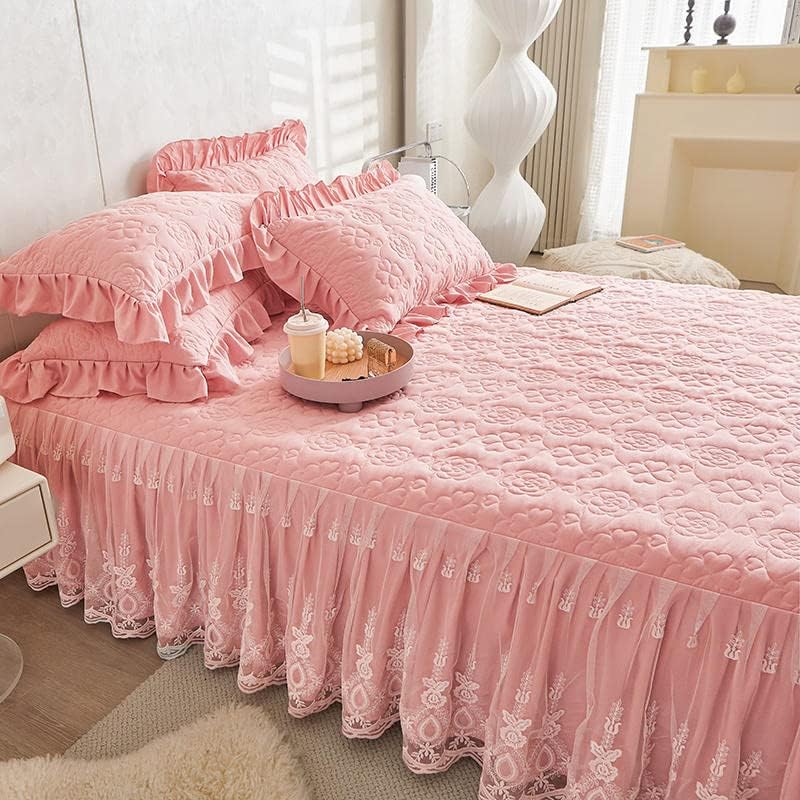 Miniatura 9 de Flower Pattern Quilted Brocade Cotton Bedspread with Lace Ruffled Bed Skirt, Queen Size, Beige