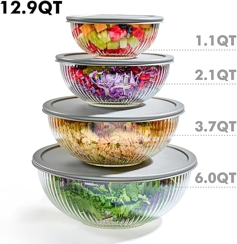 Miniatura 4 de Tazones para mezclar de vidrio acanalado de 8 piezas con tapas herméticas a prueba de fugas, sin BPA, apilables, ahorro de espacio, almacenamiento