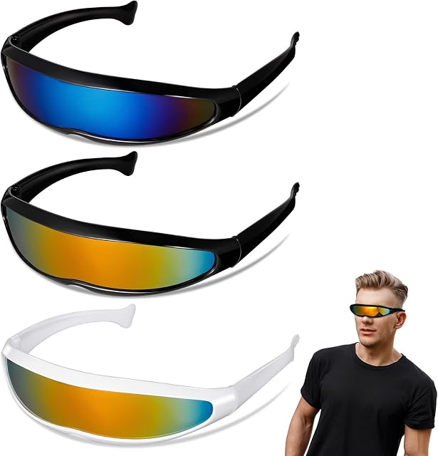 Bestomrogh Futuristic Sunglasses, 3Pcs Futuristic Narrow Cyclops Sunglasses Fancy Dress Costume Props, Robot Sunglasses, Mirrored Len Sunglasses for Party Cosplay Costume Eyeglasses