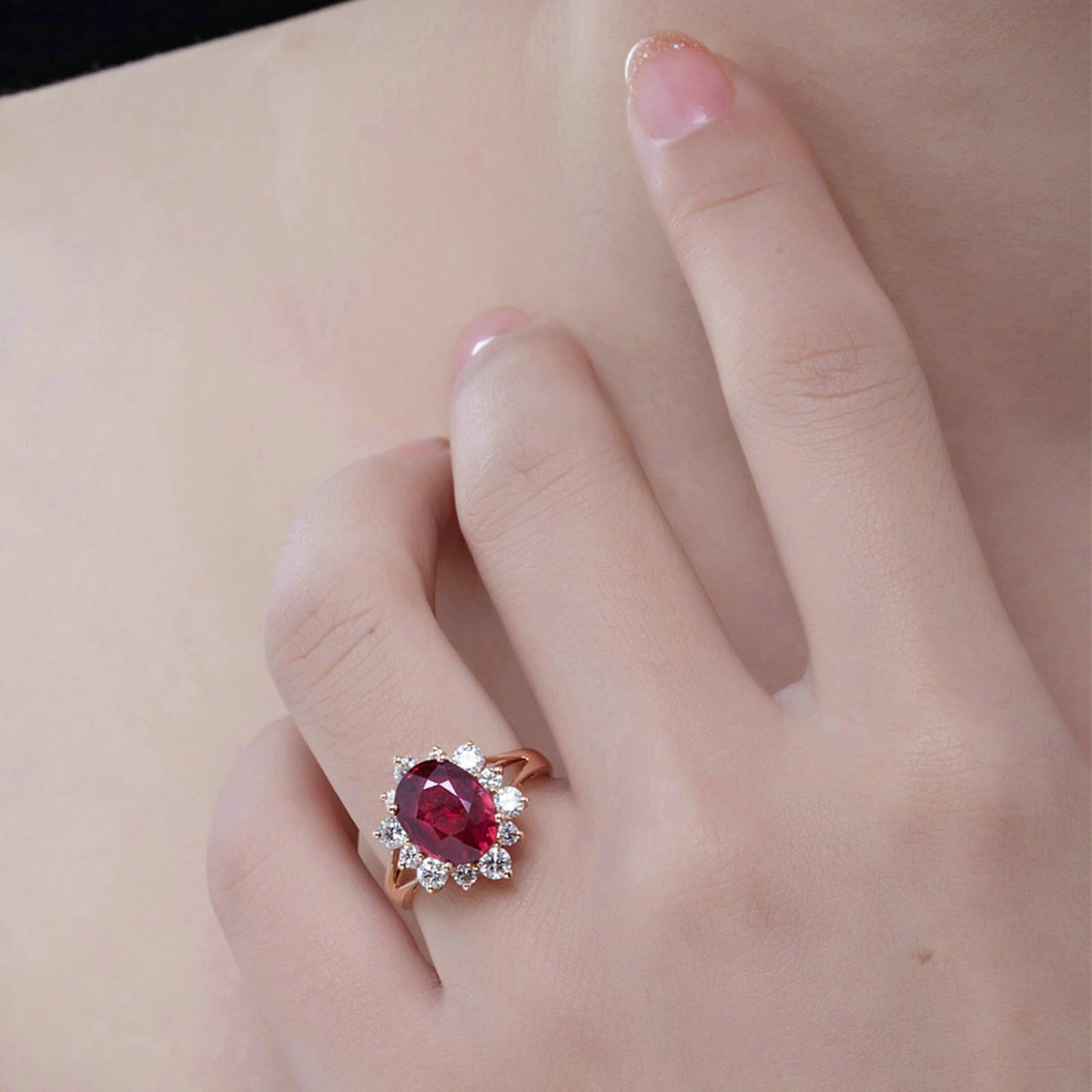 Pierścionki rocznicowe dla kobiet, pierścionek damski ślub 18-karatowe różowe złoto pusty luksusowy owalny rubinowy syntetyczny 3,45 ct/4,13 ct i pierścień moissanitu dla dziewczyny, panny