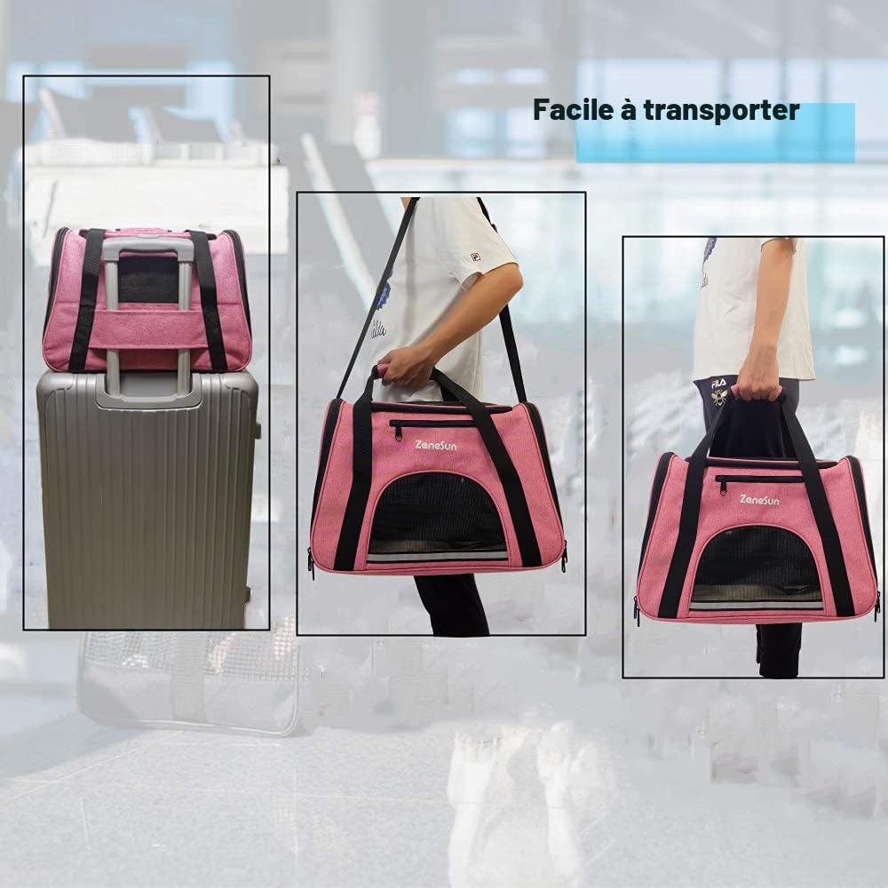 ZaneSun Sac de transport souple pour chat et chien de petite taille, chaton, chiens, chiots, approuvé par les compagnies aériennes, pour le voyage, respirant, 5 fenêtres en maille (rose)