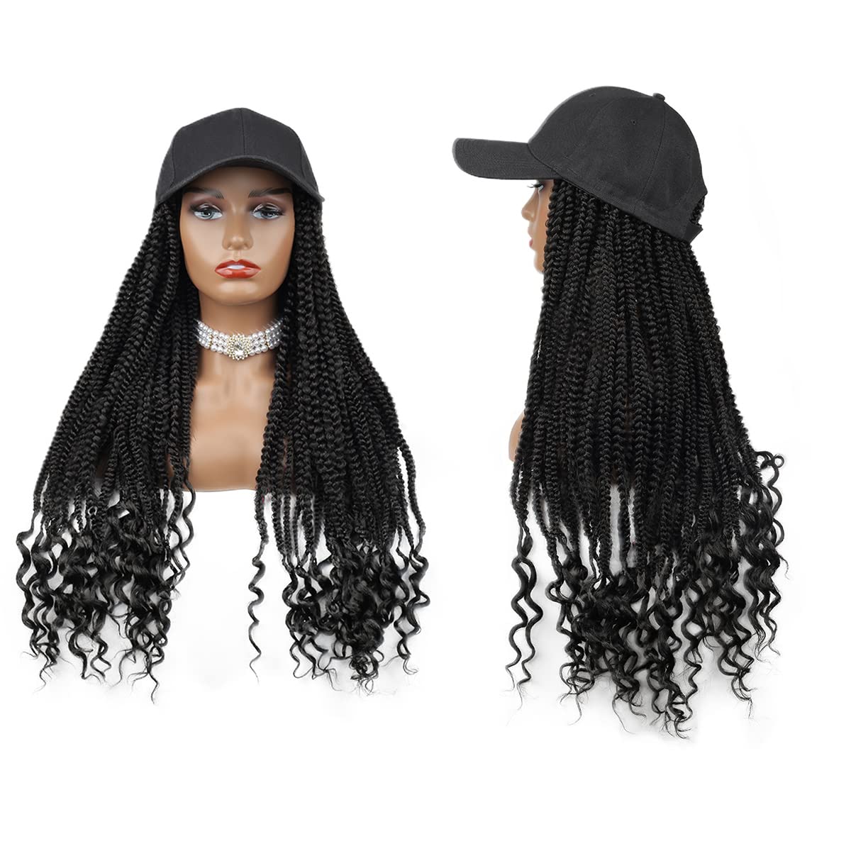 Upgrade Long Braiding Hair Baseball Cap Hat Wig Hair with Braided Box Braids Hat with Hair Curly Ends Ombre Rainbow Braids Hat Wig with Hair Attached, Hip Hop Punk Style (#1B)
