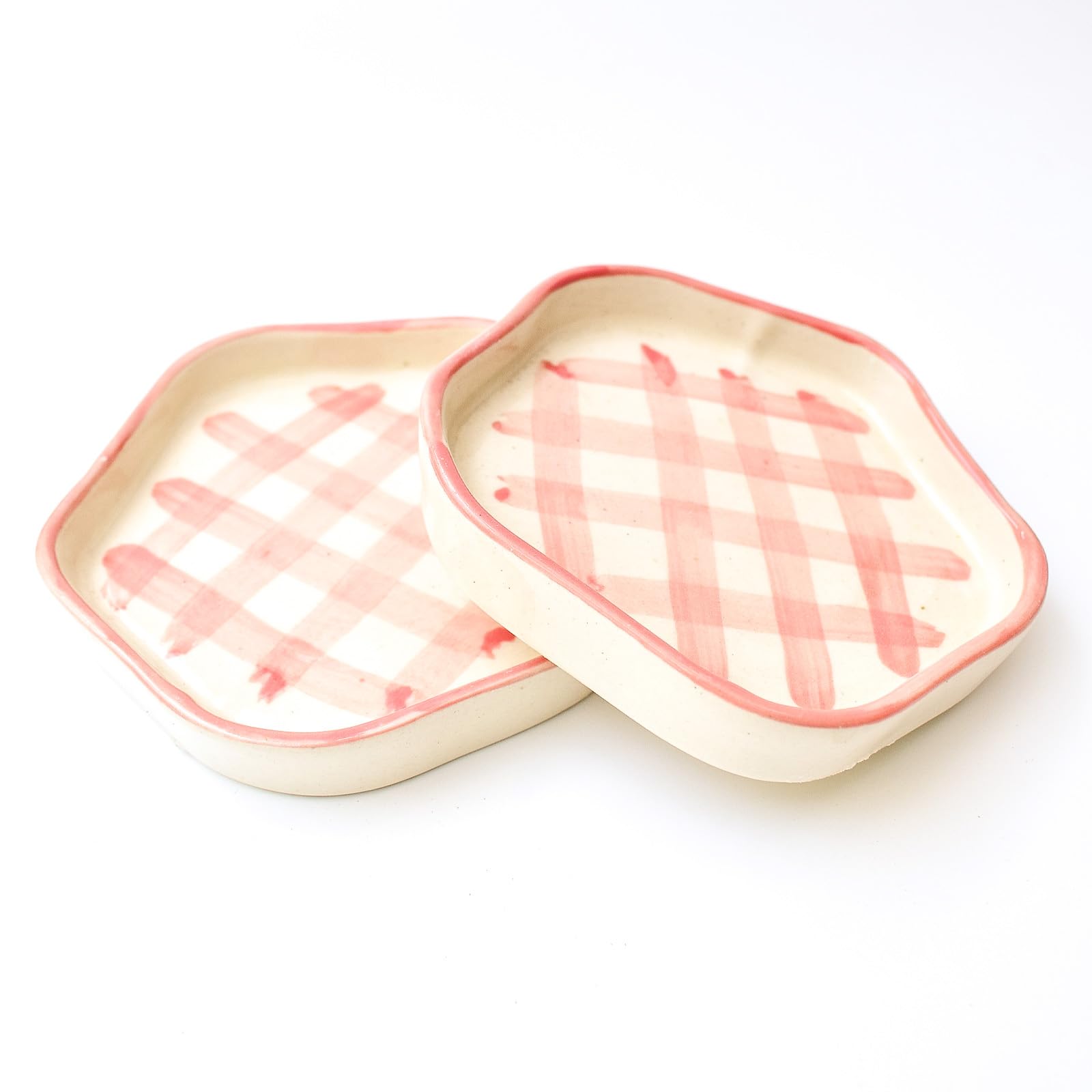 Qshi Studio Ceramic Coasters - Pink Checks | Set of 2 Coasters for Tea, Coffee, and Dining Table | Heat Resistant Coasters | Protects Surfaces from Spills & Scratches-image-26
