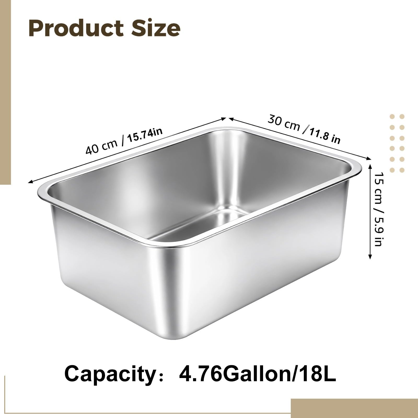 Pentole per lavello da cucina, 15 l, in acciaio inox extra per lavello da cucina, resistente agli alimenti, multiuso, per ristorante, caffetteria, 39,6 x 29,5 x 15 cm