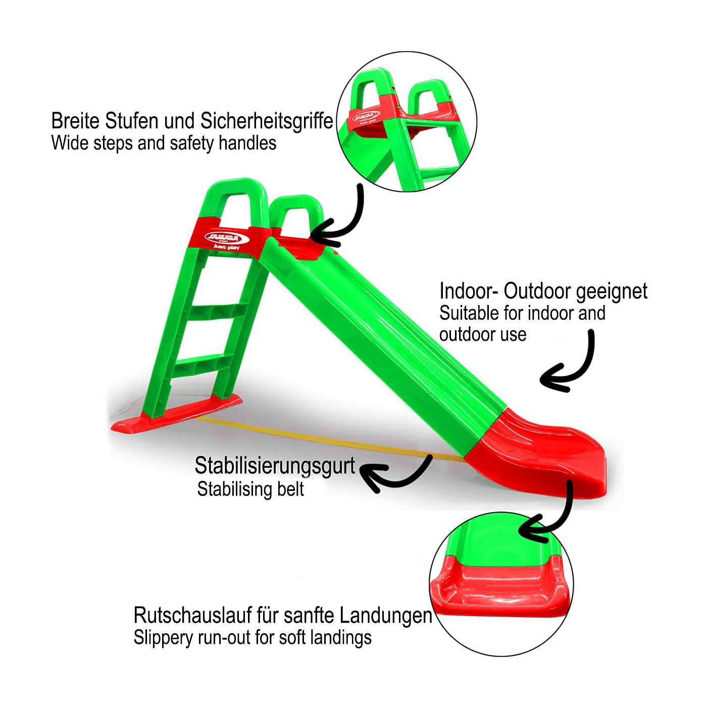 JAMARA 460502 - Tobogán Funny Slide - De plástico Resistente, caño Antideslizante para aterrizajes Suaves, escalones Anchos y Asas de Seguridad, Cuerda estabilizadora, Color Verde