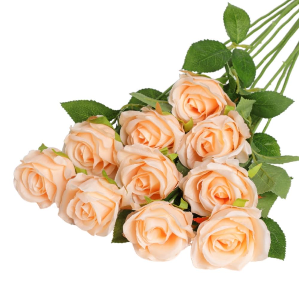 10 Pcs Artificial Roses, Champagne Fake Roses Artificial Flowers, with Stems Fake Artificials Champagne Rose Silk Flowers