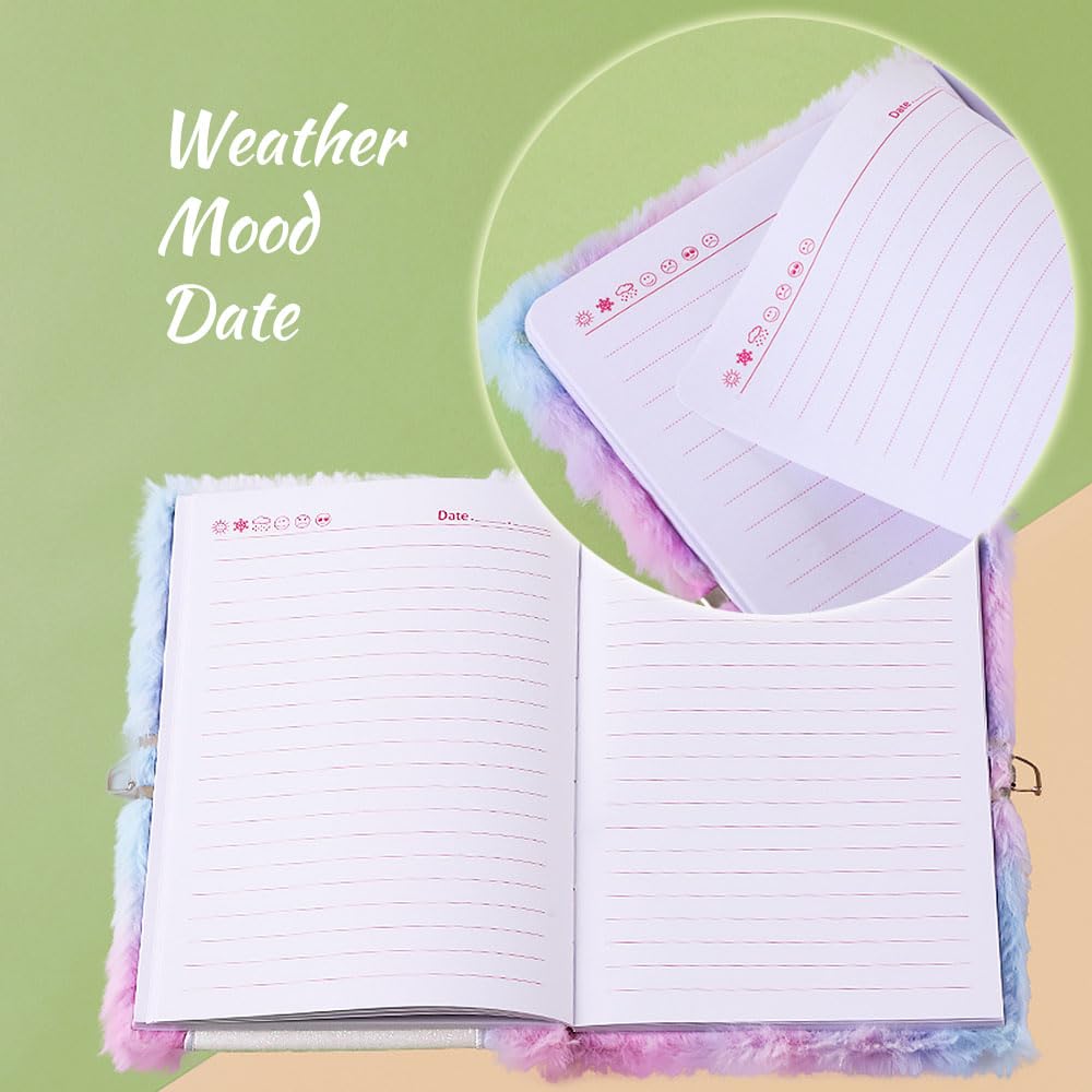 Belegao Secret Diary with Lock for Girls Fluffy Journal with Lock Keys Pen Rhinestone Stickers Plush Secret Diary Notebook Set for Home School Travel Writing (Smile Cat Purple Tie-Dye) - Image 4