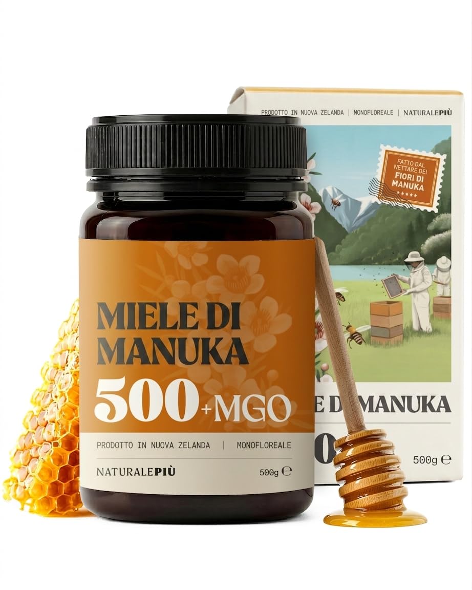 NaturalePiù Miele di Manuka 500+ MGO 500g. Dalla Nuova Zelanda. Certificato in Laboratorio. Miele Balsamico Puro. Mono Floreale, Ideale per la Cura delle Ferite. Tè, Cereali e Prodotti da Forno.