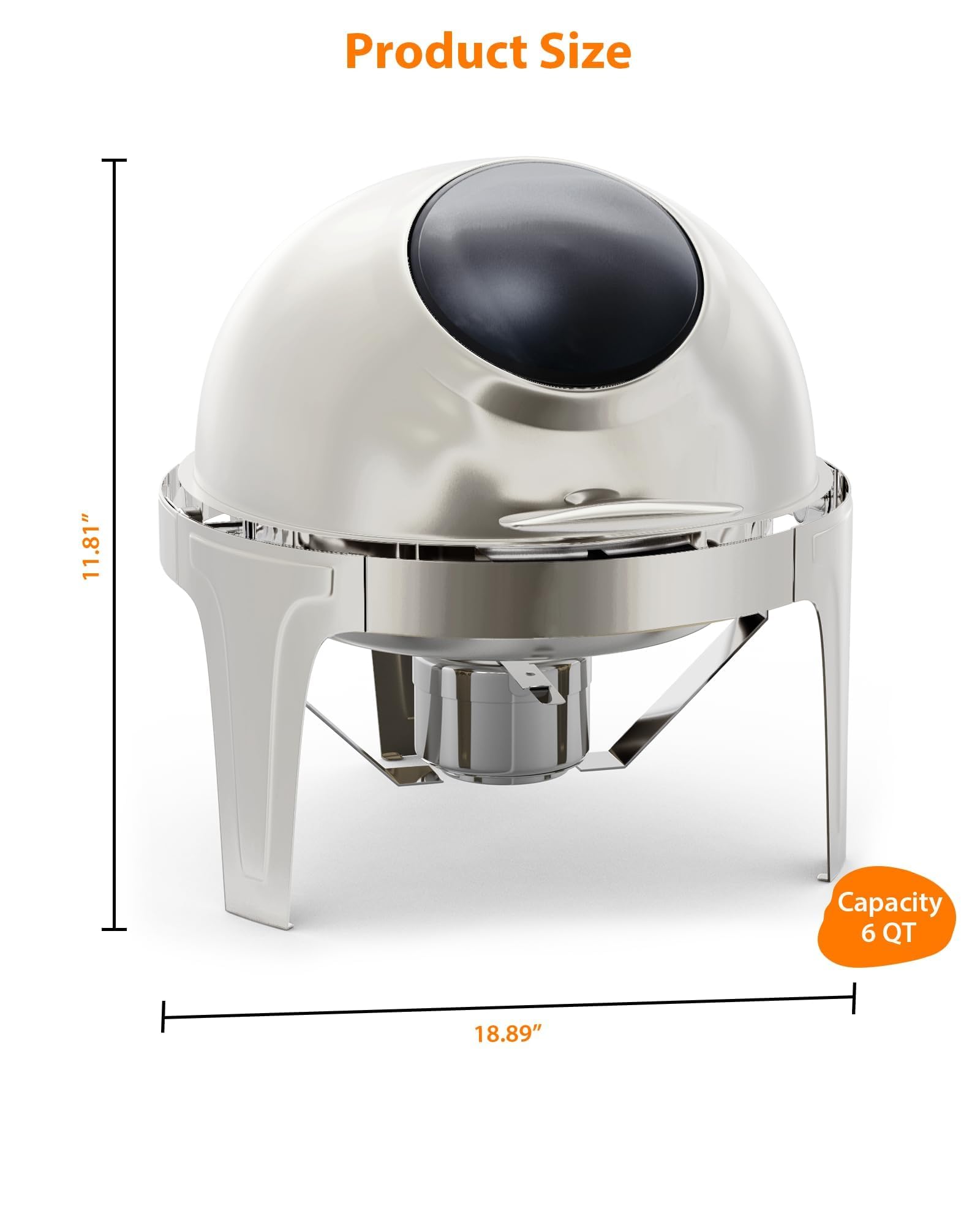 Chafing Dish Redondo 6L, Calentador de Comida con Tapa Enrollable y Ventana de Vidrio, Set de Catering Acero Inoxidable para Buffet y Banquetes, Soporte Combustible, Plateado