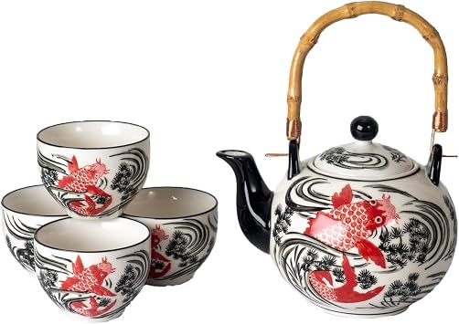 Japanese Style Koi Fish Ceramic Tea Set, 30 oz Teapot with Bamboo Handle, 4 Cups, Black White Red