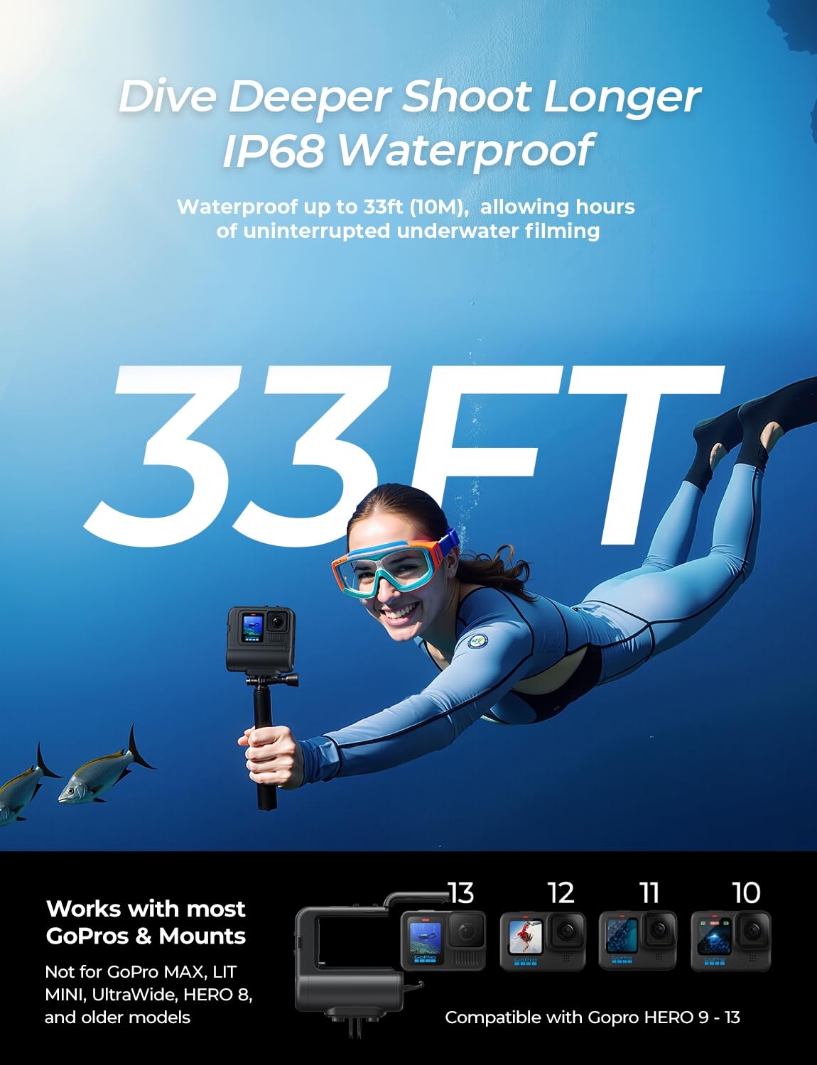 DigiPower Re-Fuel Akkupack, 9 Stunden Akkulaufzeit für GoPro HERO11 & HERO10 Black & HERO9 Black, kompatibel mit GoPro Action-Kamera, IP68 wasserdicht und staubdicht, Allwetter, schwarz