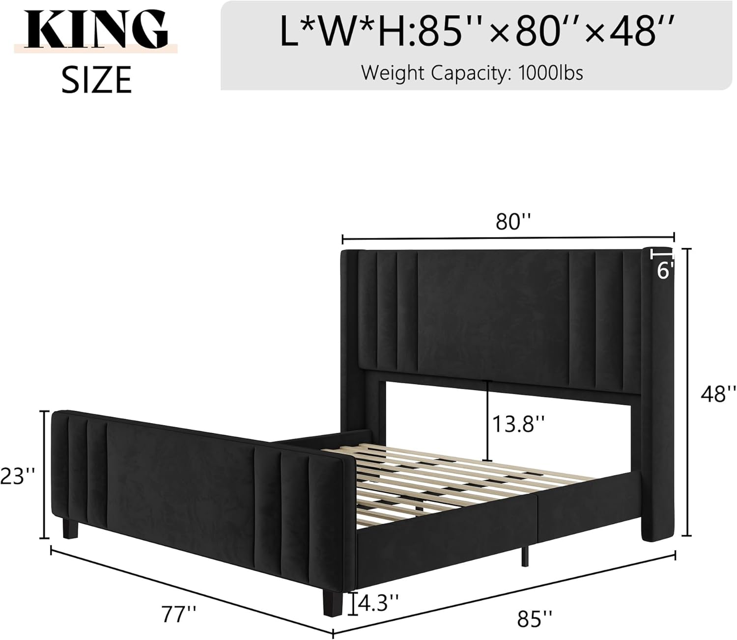 AMERLIFE King Size Bed Frame, Velvet Upholstered Platform Bed with Vertical Channel Tufted Headboard & Footboard/Wingback, Mattress Foundation with Wood Slats, No Box Spring Needed, Black