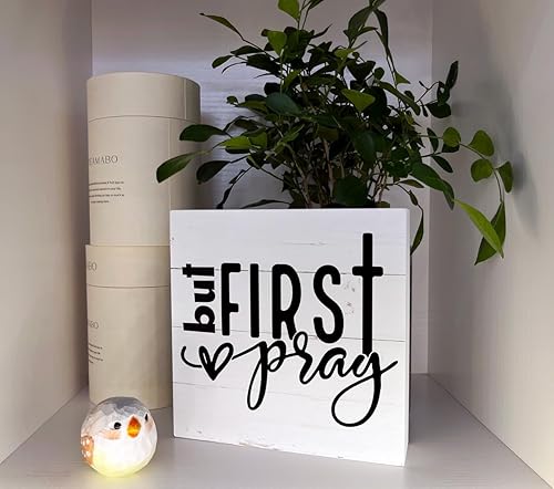 Miniatura 4 de Letreros de madera cristiana, pero primero rezar, decoración de caja, placa de bloque de madera rústica, letrero de mesa decorativo, decoración