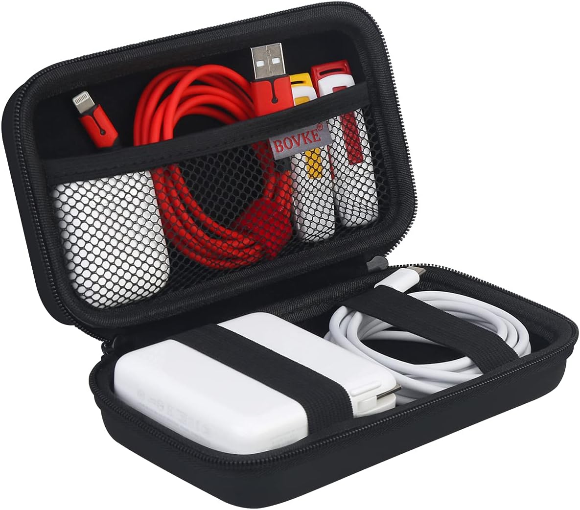 BOVKE Carrying Case Hard Protective Case Tech Organizer Travel Power Bank Pouch Bag USB Cable Organizer for Earbuds, Cable Cord, Charger Adapter, Electronic Accessories Case Wallet,Black+Inside Black