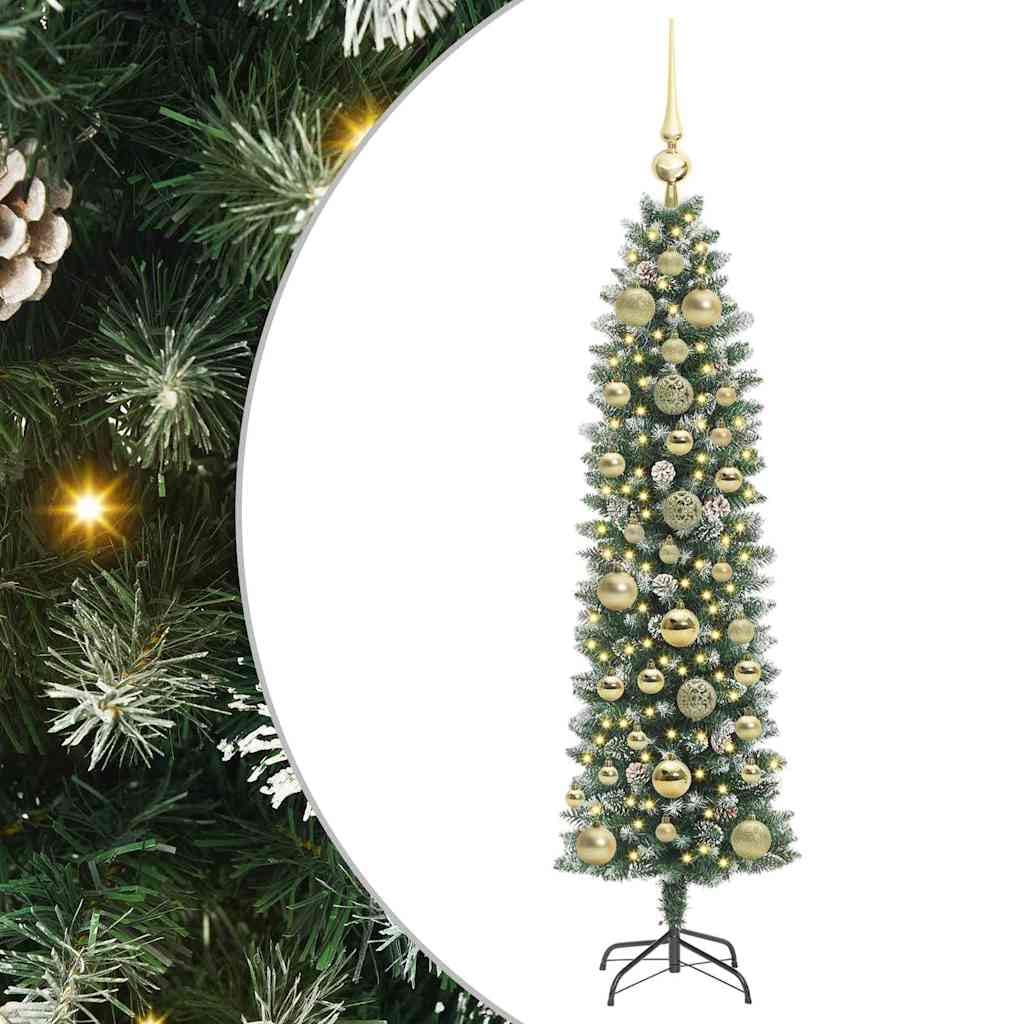 Albero di Natale artificiale sottile, verde e bianco, altezza 150 cm, con 266 punte in PVC, 150 LED a luce bianca calda e 8 modalità lampeggiante, alimentato USB per interni