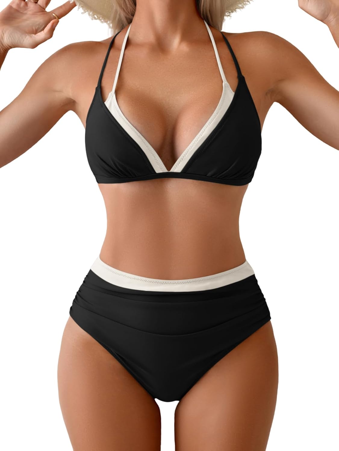 Bikini Sets for Women Halter Color Block Two Piece Swimsuit Tummy Control Bathing Suit V Neck Tie Back Swimwear