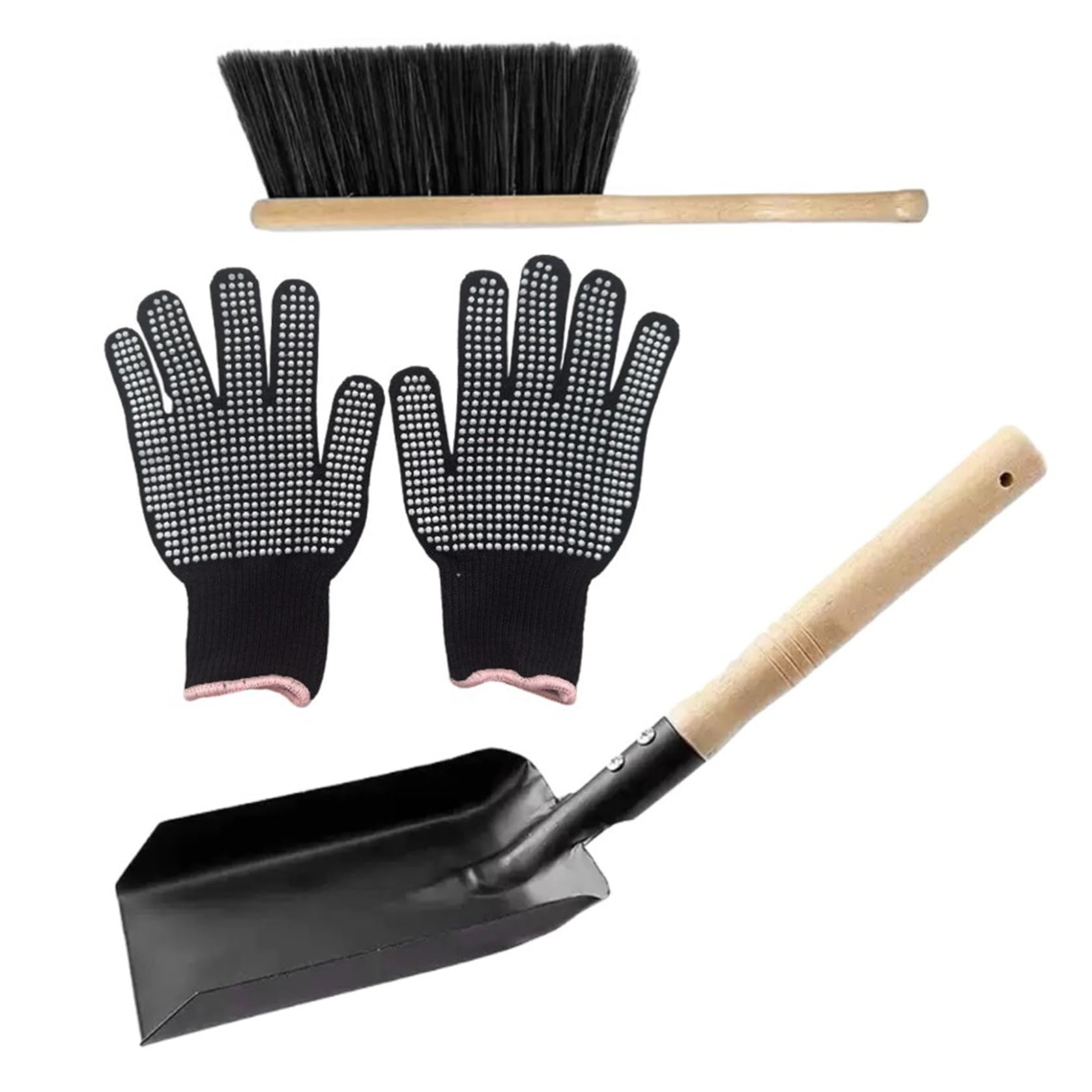 Cakeeyum Black 3Pcs/Set Fireplace Shovel With Fireplace Broom And Gloves Metal Ash Shovel With Wooden Handle For Fire Pit, Hearth, Wood Stove, Broom, Brush, Ash, F