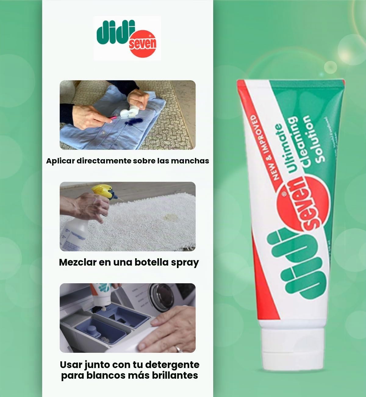 Didi Seven - Quitamanchas universal multiusos - Solución de limpieza de manchas ultrarresistente - Seguro en la mayoría de las telas (paquete de 2, tubos de 2 oz)