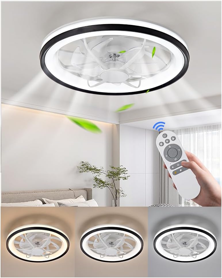 18.9" Modern Ceiling Fan with Light and Remote Control,Flush Mount Low Profile Dimmable Ceiling Fan,Stepless Dimming Light and 6 Speeds Fan-826 Black