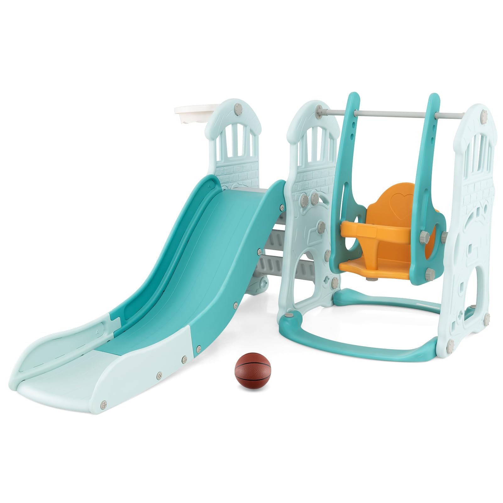 COSTWAY 4 in 1 Toddler Slide and Swing Set, Kids Climber Playset with Basketball Hoop and Ball, Children Activity Center for Indoor Outdoor (Green, 185 x 150 x 102cm)