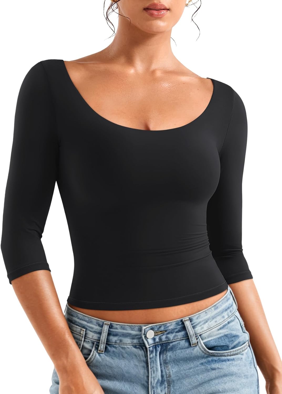 VOYJOY Womens 3/4 Sleeve Top Soft T Shirt Casual Slim Fit Top