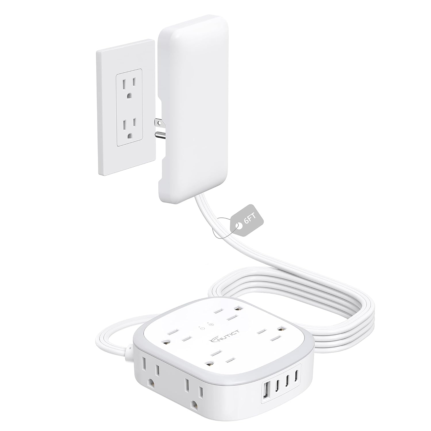 Outlet Cover Extension Cord Flat 6ft NUTICT Flat Plug Power Strip with 8 Outlets 3 USB-C 1 USB-A