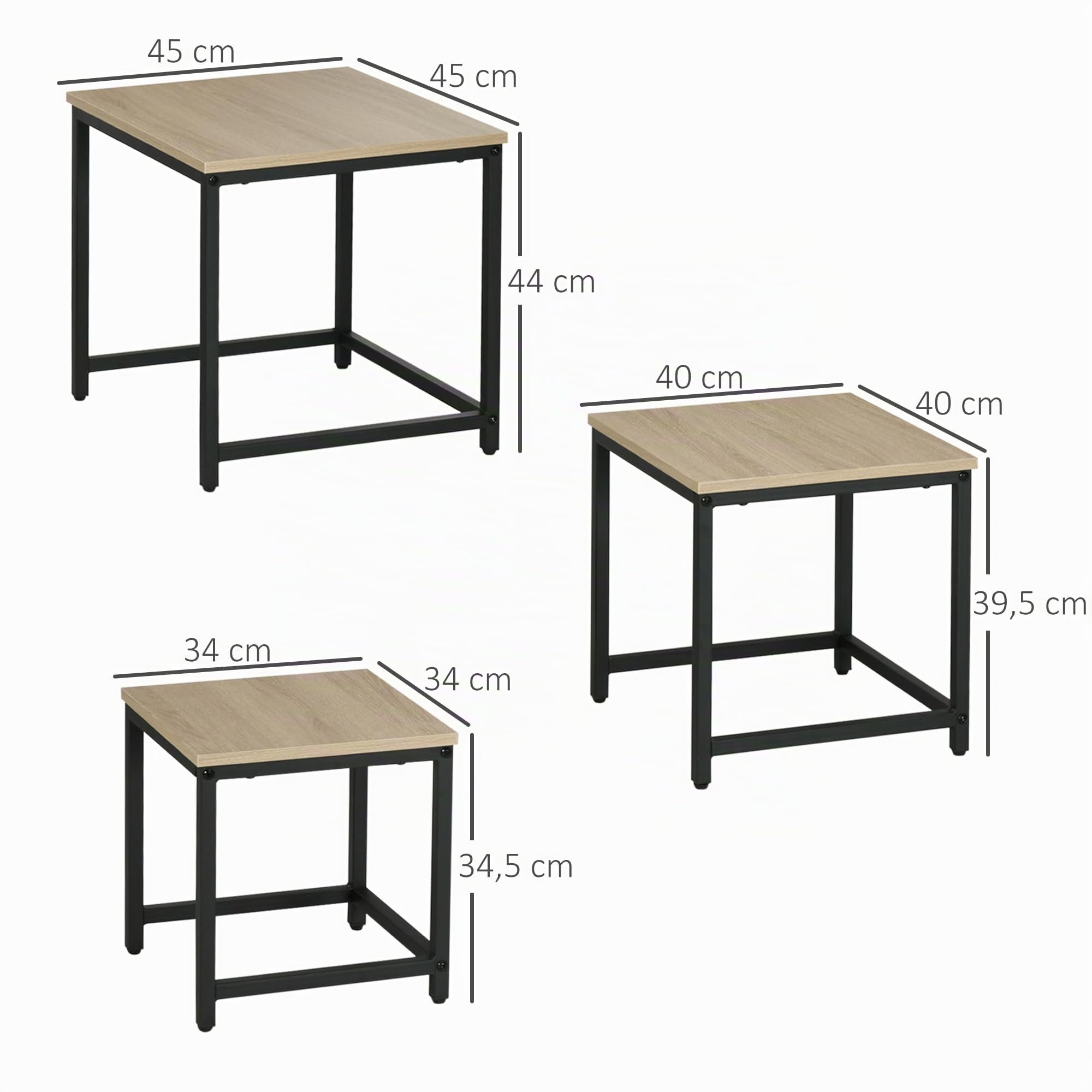 HOMCOM 3er-Set Couchtisch Quadratischer Beistelltisch Stahlrahmen Natur | Sofatisch, Kaffeetisch, Satztisch mit Holzoptik, Wohnzimmertisch im Industriedesign