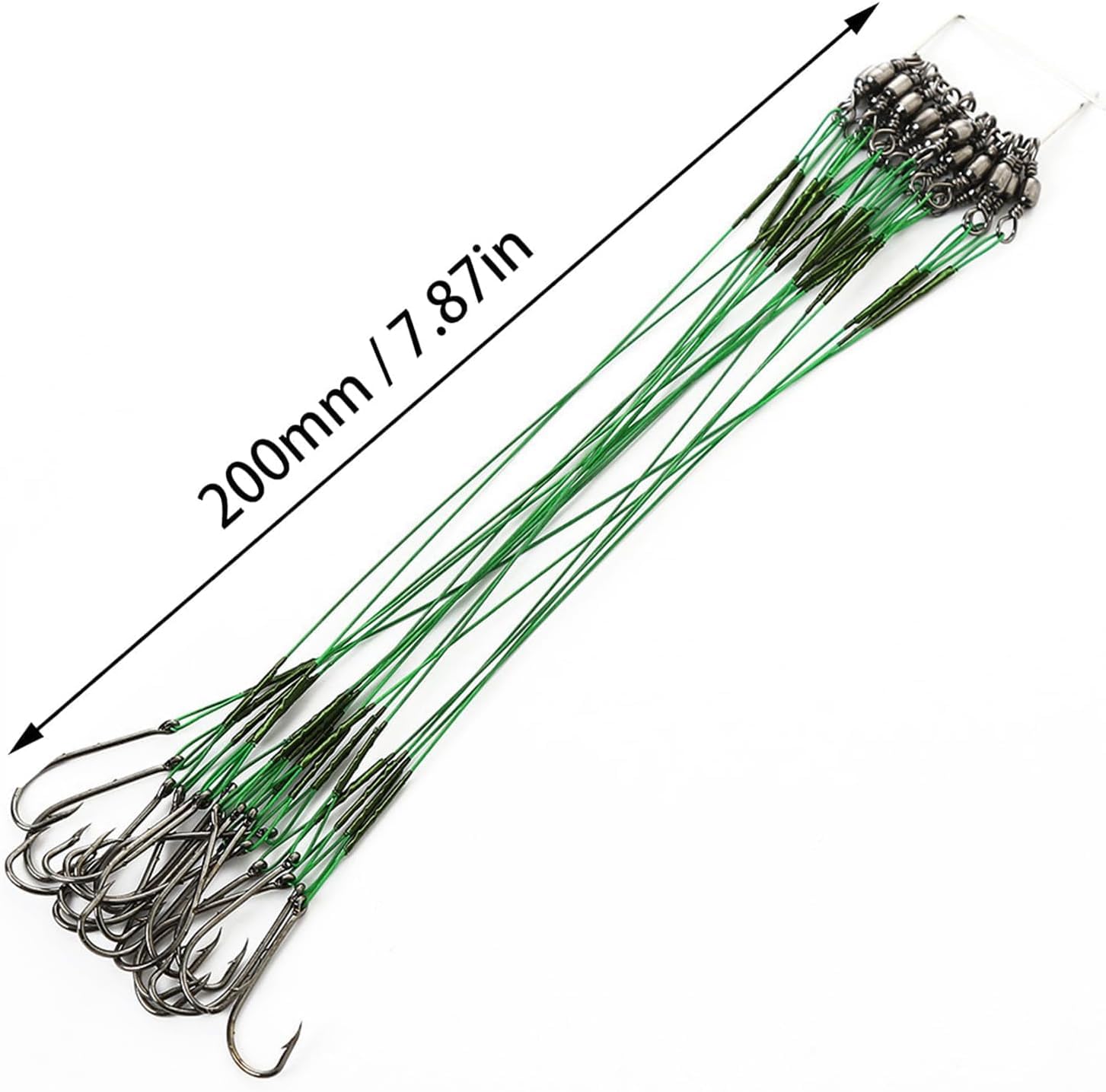 KIMHOME Anzuelos de pesca verdes de 20 cm con líder (prueba de 50 libras), paquete de 20 alambres resistentes a las mordeduras, acero al carbono resistente a la corrosión, afilados para lucio, peces — view 2