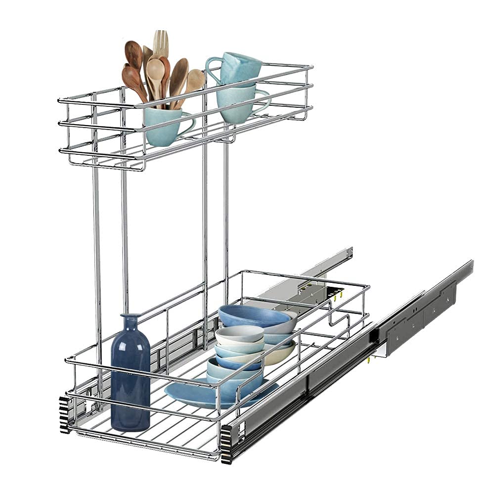 STORKING 2 Tier Under Sink Pull Out Cabinet Organizer Slide Wire Shelf Basket for Kitchen Base Cabinets 9" W 18.5" D 16" H