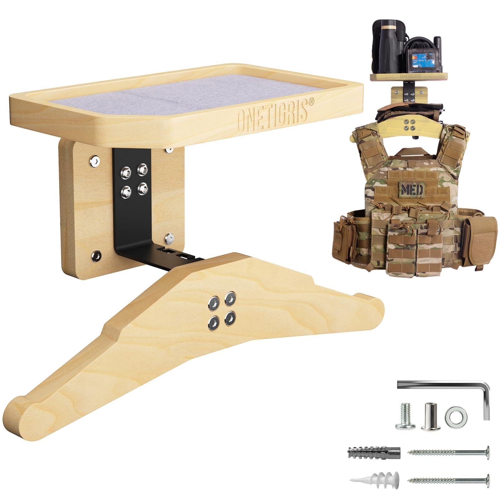 OneTigris Tactical Vest Hanger - Multipurpose Tactical Gear Wall Mount Rack, Solid Wood Plate Carrier Holder with Top Tray for Tactical Equipment Motorcycle Football Skating Gear Display & Storage