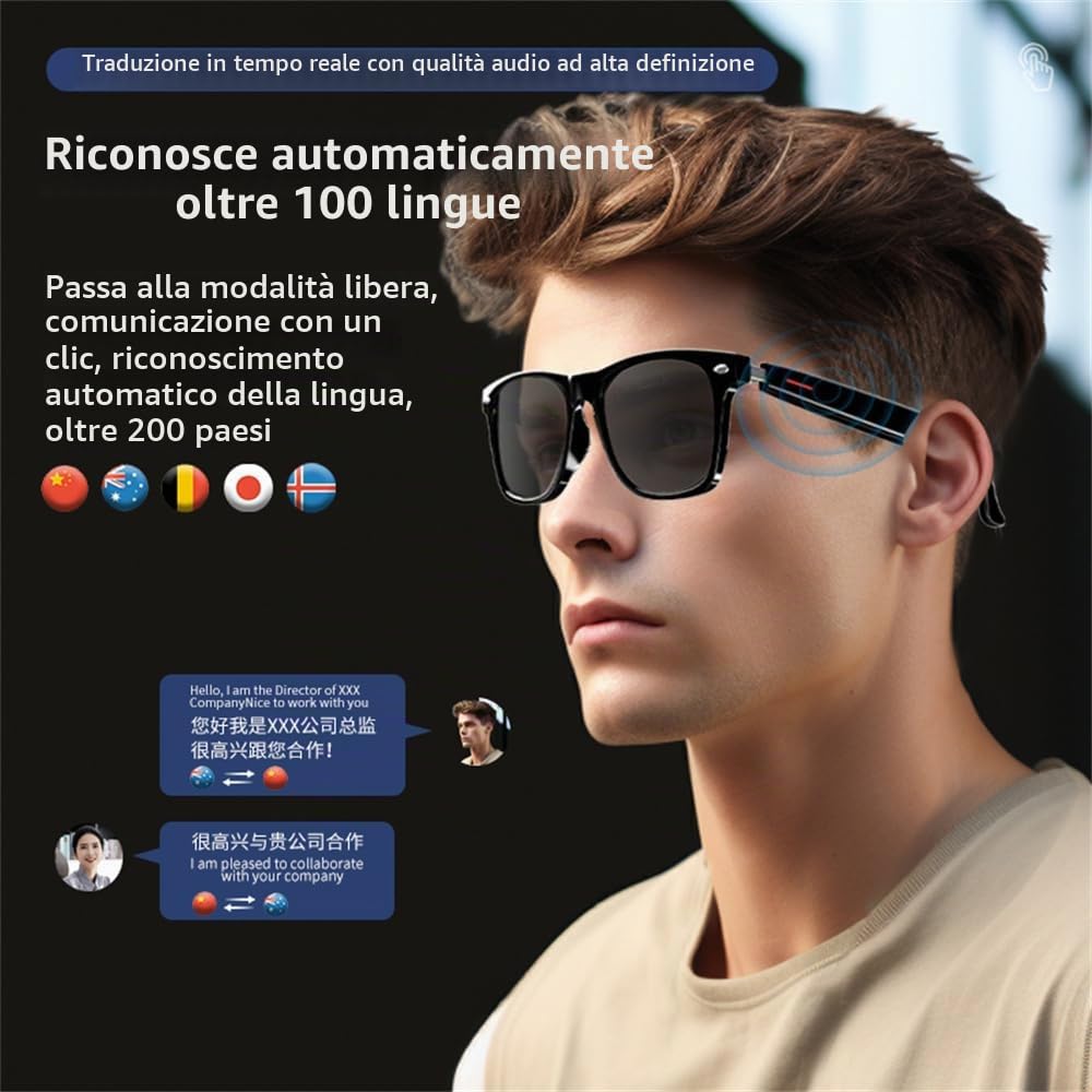 AI Smart Occhiali Uomo/Donna - Bluetooth con traduzione, cancellazione rumori, Filtro Luce Blu & Lenti intercambiabili (Nero/Blu/Rosa) per Ufficio/Outdoor - White
