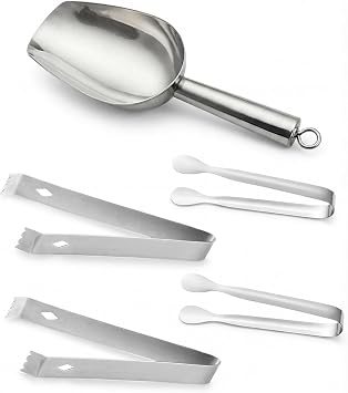 5PCS Ice Tongs & Scoop Kit, 304 Stainless Steel 2PCS Ice Cube Tongs & 2PCS Sugar/Tea/Coffee Mini Tongs & 1PC Food Candy Scoop for Ice Bucket Kitchen Bar Food Serving