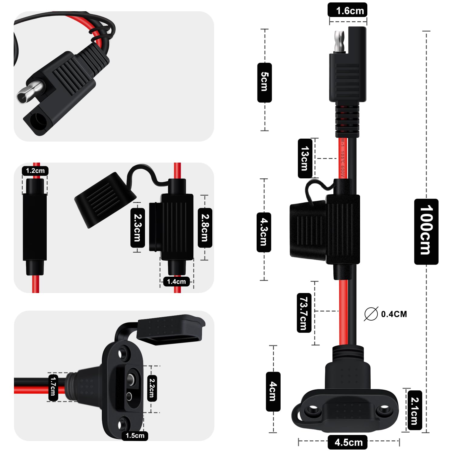 Gniazdo boczne SAE 12V z kablem 12AWG 25A SAE gniazdo podtynkowe gniazdo SAE wodoodporne, łatwe do zainstalowania do samochodu, łodzi, motocykla (1 m)