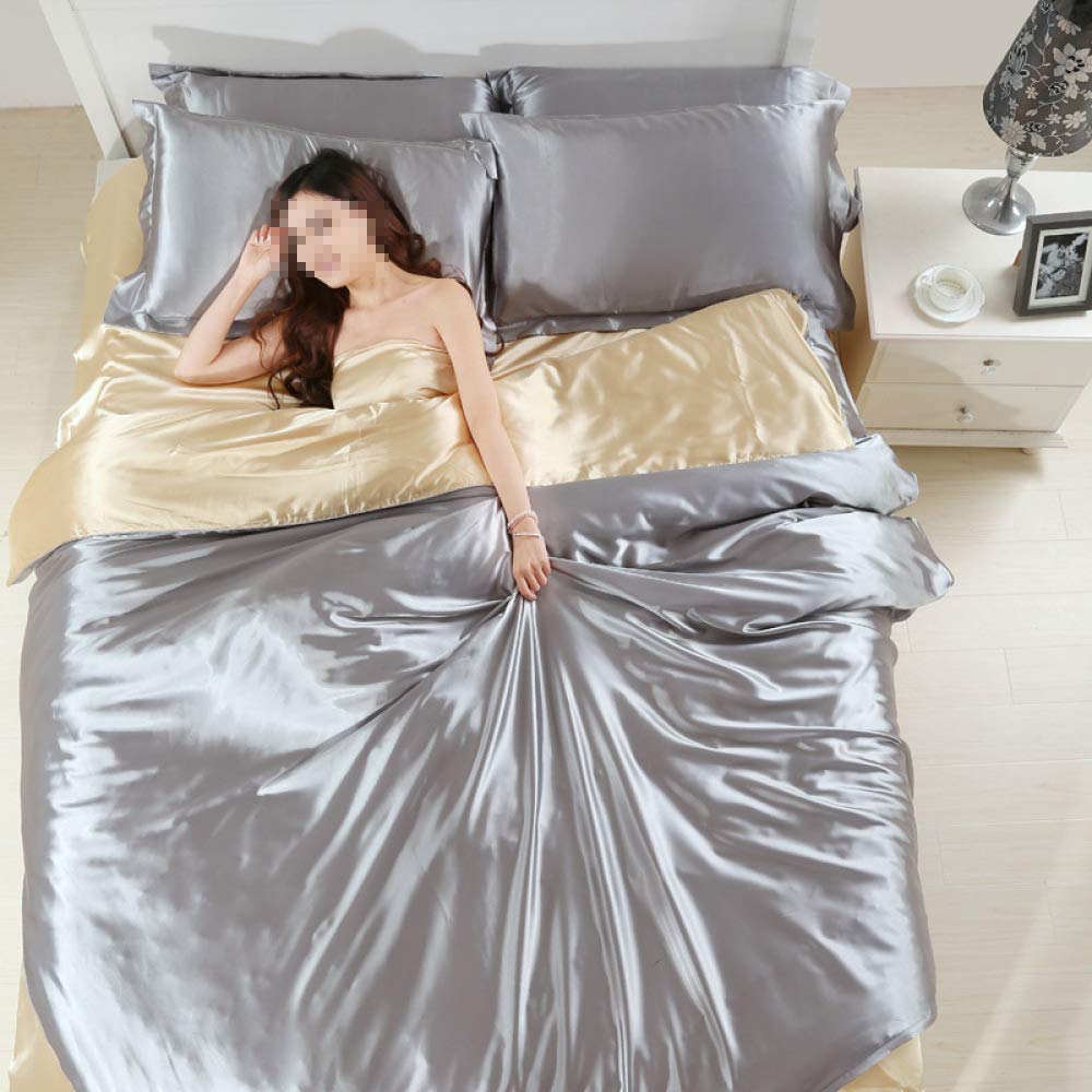 Parure de lit double en soie de mûrier - 4 pièces confortables, perméables à l’air - universelle pour toutes les saisons, facile à nettoyer, L-220 x 240 cm