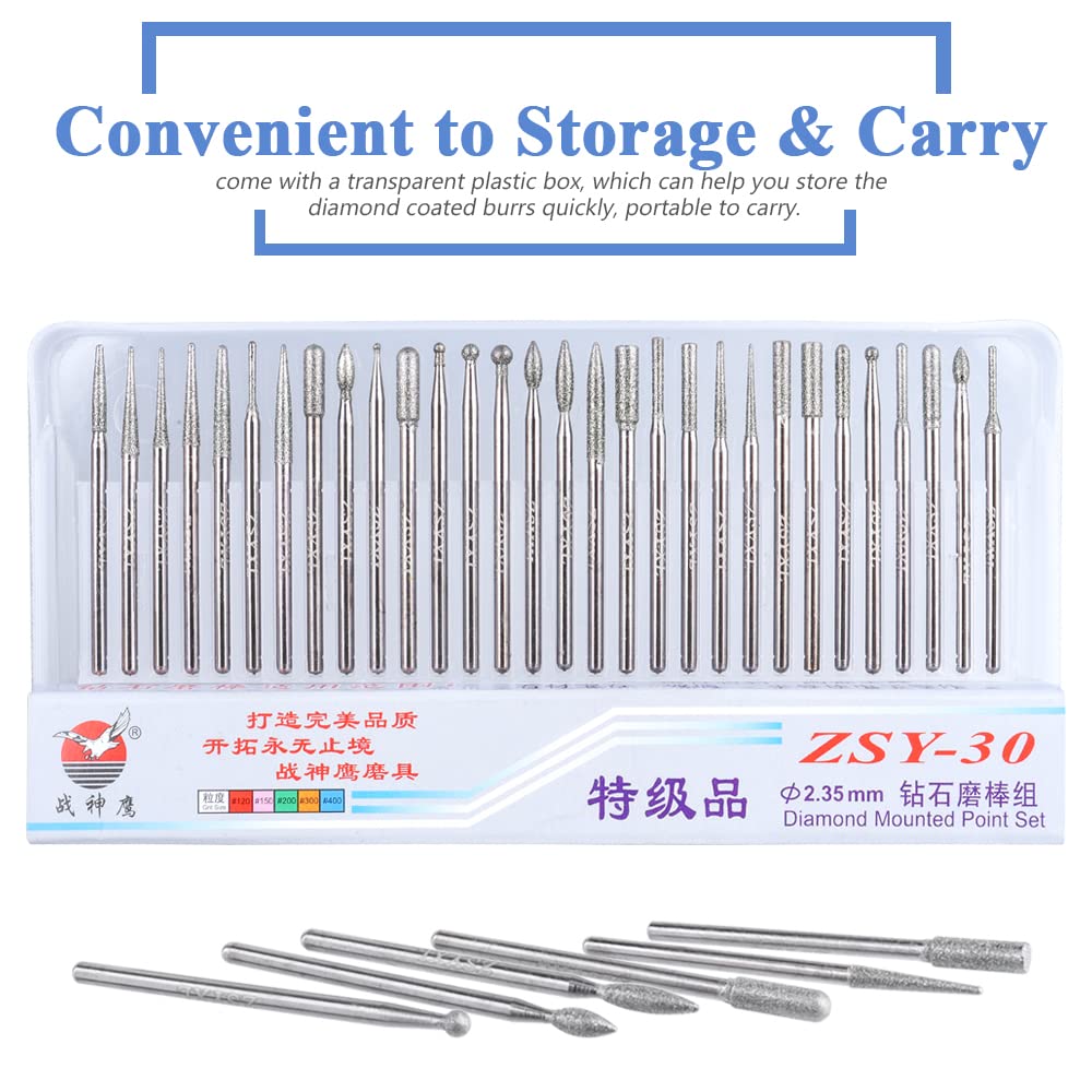 Mesee 30 Pieces Diamond Burr Assortment Set, 2.35mm Shank Diamond Coated Burrs Rotary File Grinding Drill Bits Rotary Tool Accessory for Metalworking Deburring Jewelry Engraving Ceramics Carving